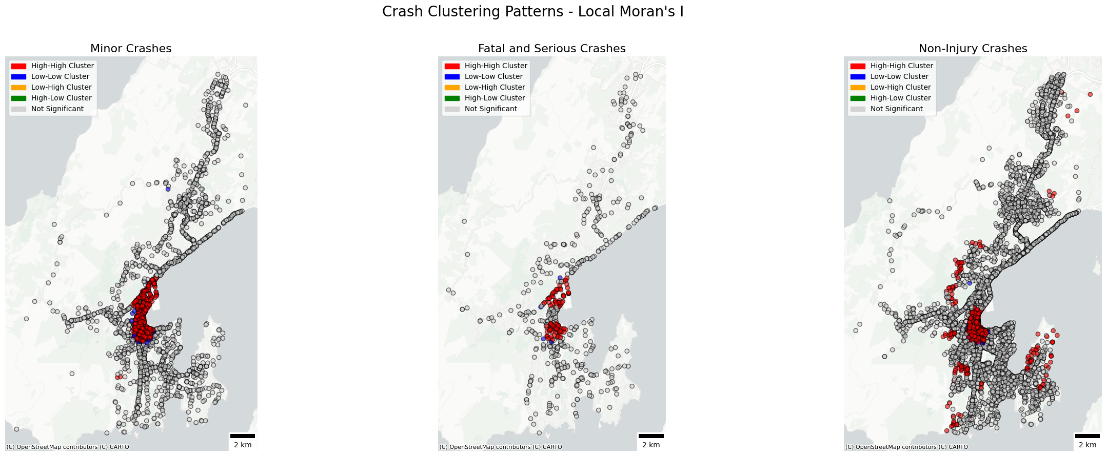 Crash Clustering Patterns - Local Moran's I (Bottom Row)